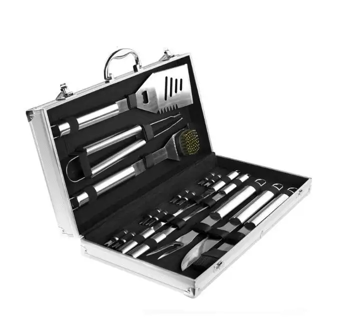 High quality outdoor snap on 18 piece Stainless Steel aluminum case bbq set bbq tool set