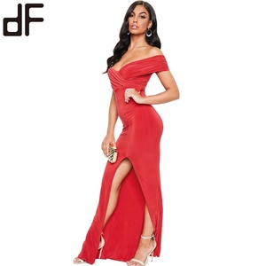 OEM-vestido de noche personalizado de alta gama para mujer, Vestido largo de fiesta, modesto, extremo, Sexy, Popular, rojo, con hombros descubiertos, para dama de honor - Product Image 4