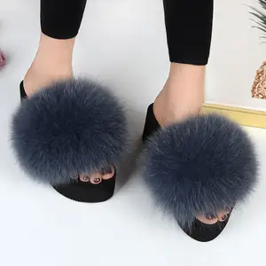 Custom Made Slipper Slide Woman Women Sandal Fox Hair Fur Black High Heel EVA Outdoor GENUINE Leather Picture Winter Slippers