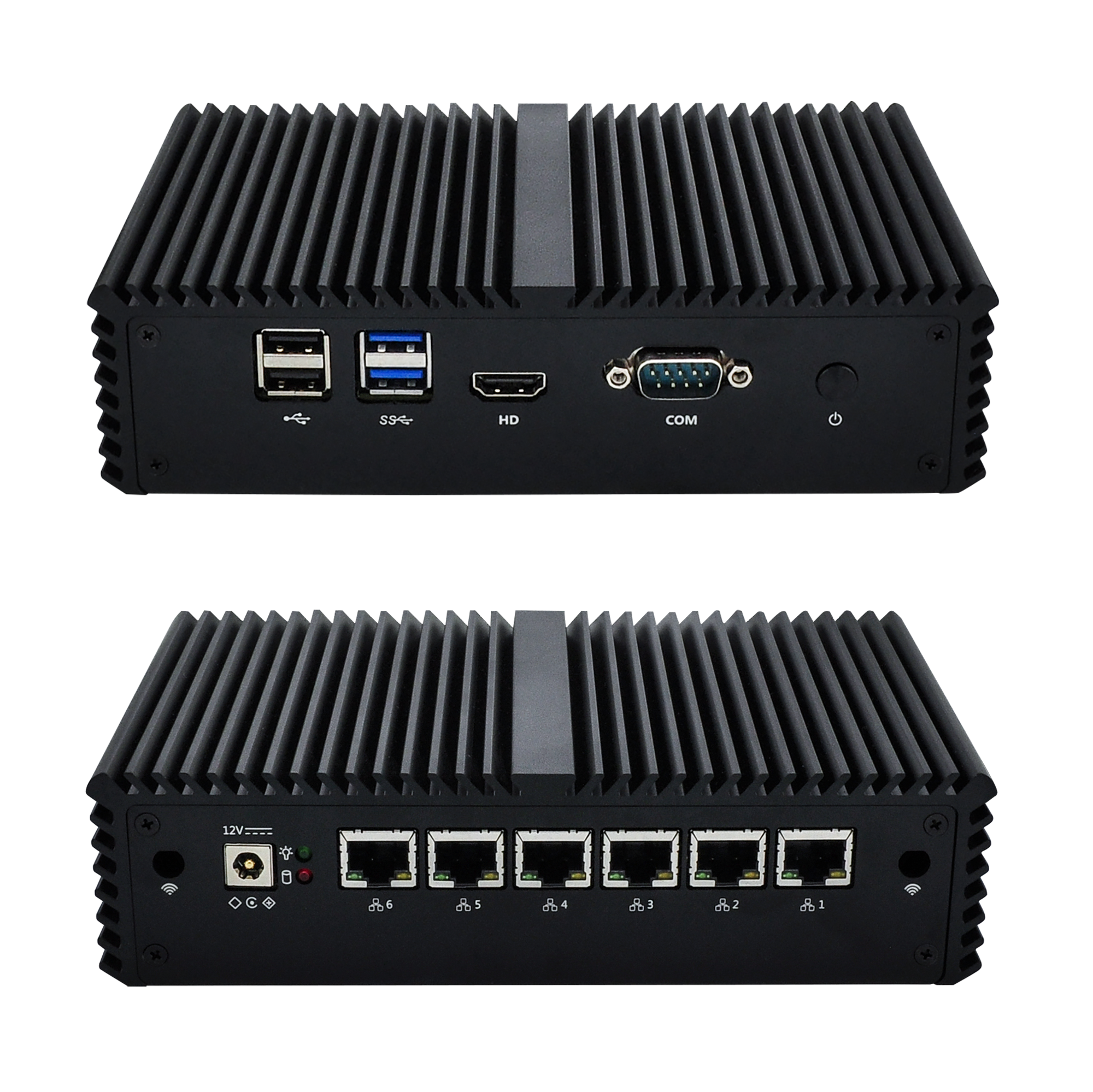 Industriel portatif 6 * Intel Rj-45 Ports Gigabit Lan Fanless Client Léger Linux Intel Mini PC Avec 4 * USB
