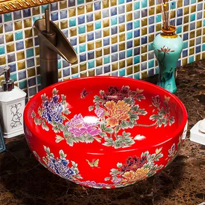 牡丹红色图案花洗手盆洗手盆装饰容器水槽厕所设计师洗手盆