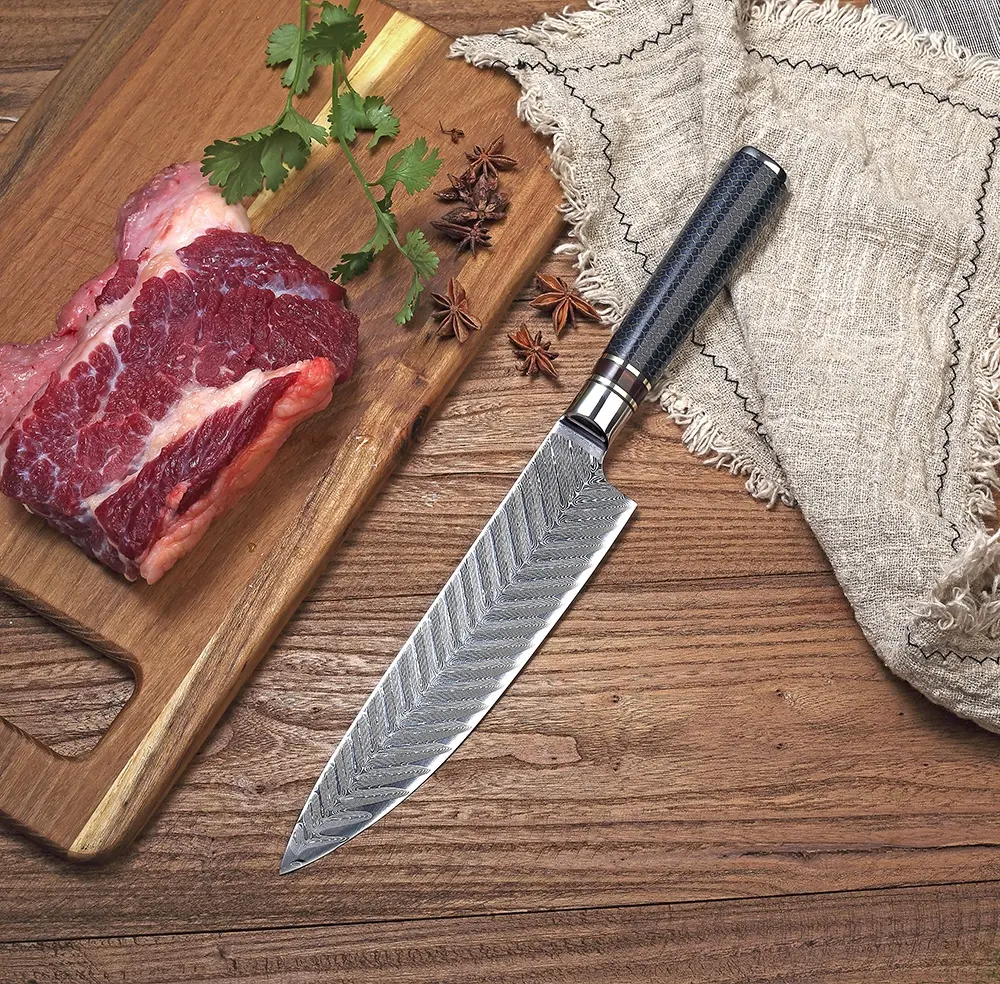 Penjualan terlaris 67 lapisan baja Damaskus pisau koki dapur dengan pegangan Resin biru