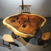 Mesa con forma de nogal de América del Sur, mesa con borde vivo, losa de madera, mesa de cena, mesa redonda de café