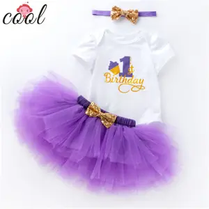 Venta al por mayor conjunto de ropa de bebé de 1 año-Conjunto de ropa de bebé con logo personalizado, venta al por mayor, traje de cumpleaños para niña de 1 año