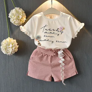 cheap toddler clothes with monogrammed floral sleeved loose T-shirt lace belt shorts