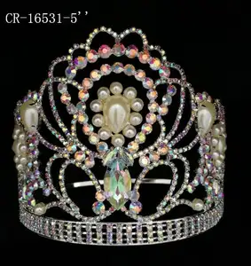 Pearl Clear Rhinestona Tiara Beauty Wedding Large Pageant Crown For Women