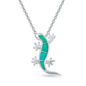 Summer Jewelry 925 Sterling Silver Rhodium Plated Hawaiian Style Gecko Animal Blue Fire Opal Pendant