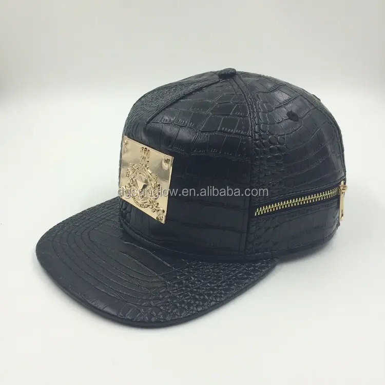 Personalizado de cuero de cocodrilo oro placa de metal logotipo del casquillo del snapback del sombrero