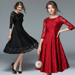 Moda donna girocollo 3/4 maniche lunghe scava fuori Paisley pizzo dimagrante Plus Size Dress - Product Image 3