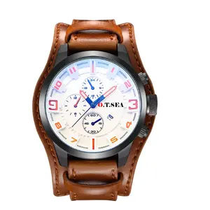 O.T.SEA jam tangan pria, jam tangan olahraga Analog, jam tangan kreatif, tali kulit, Quartz, tanggal, jam tangan pria