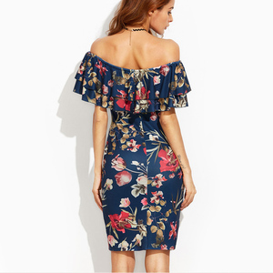 Mode été Vêtements À Manches Courtes Hors Épaule Volants Gaine Femmes Robe Florale - Product Image 5