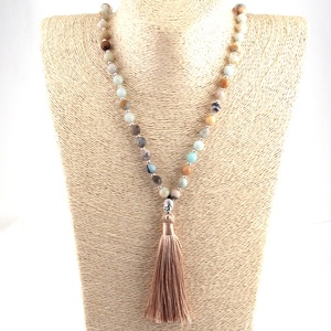 Moda mujer Lariat bohemio Tribal Beige borla Yoga joyería 8mm amazonita piedra <span class=keywords><strong>collar</strong></span> Rudraksha Buda collares - Product Image 4