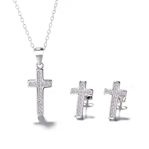 Sterling silver 925 Jesus Cross Pendant and Necklace Fine Jewelry Set for Women