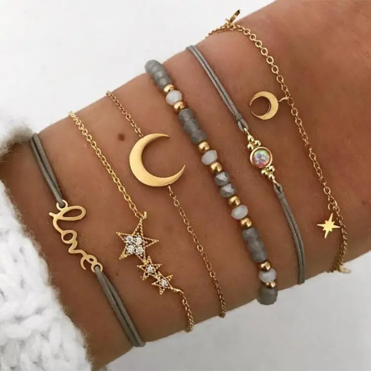 Ensemble de 6 bracelets à perles grises, tendance, Europe et états-unis, style pendentif, étoile-lune, chaîne pour la main, nouveauté