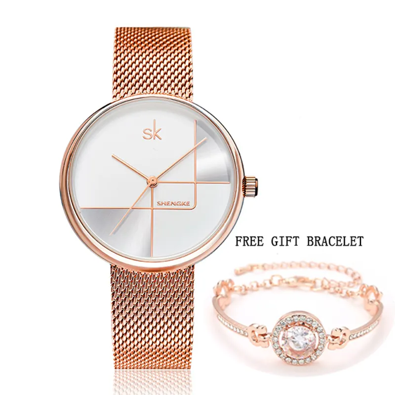 Shengke 0105 брендовые модные женские часы из нержавеющей стали минималистичные кварцевые женские часы с браслетом с кристаллами montre femme SK