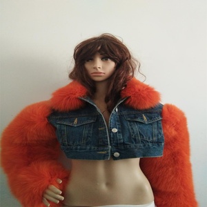 Women Winter Jeans <strong>Short</strong> Style <strong>Denim</strong> <strong>Jacket</strong> with Real Raccoon Fur Collar Fur Arm - Product Image 1