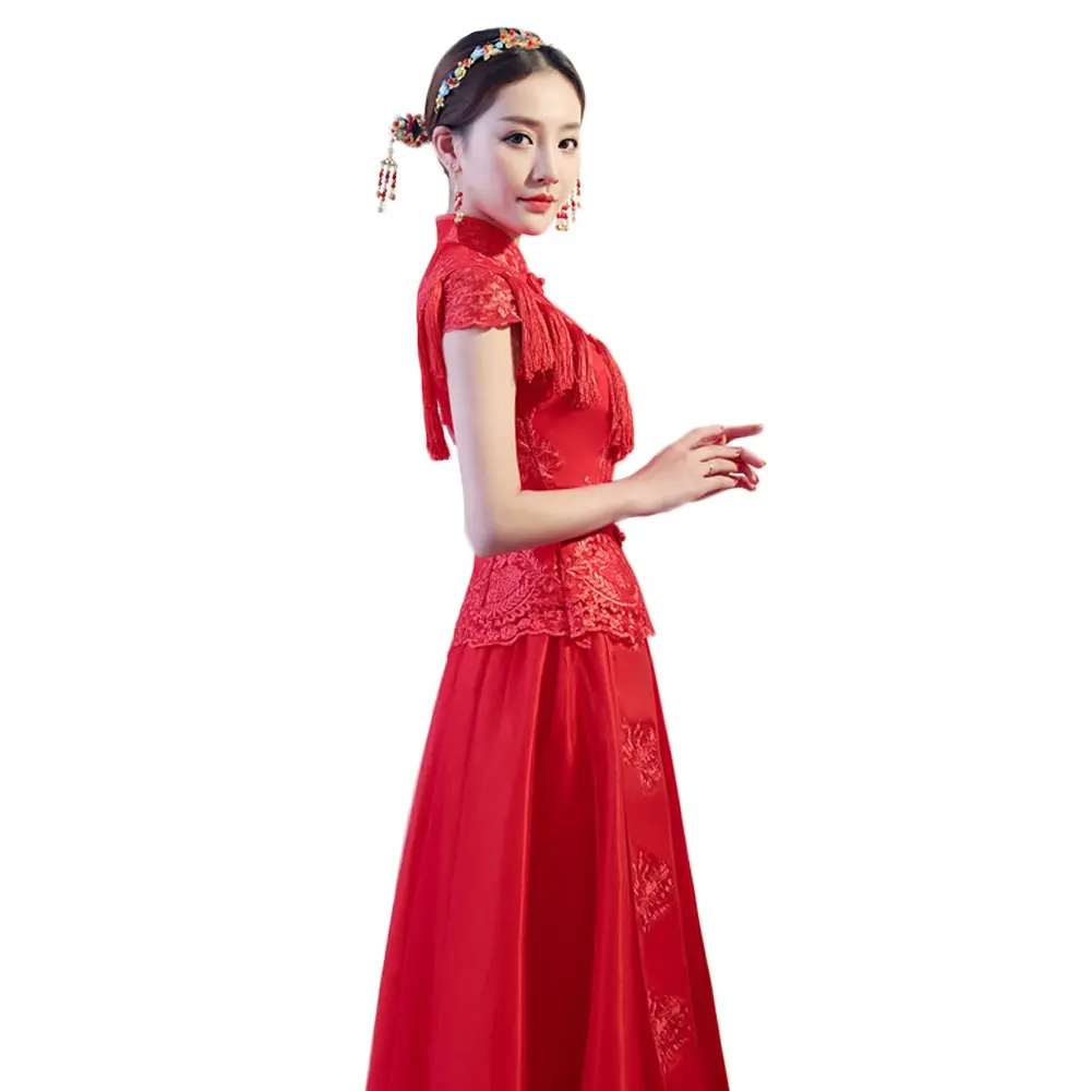 Haofei chinese custom made traditional red embroidered lace wedding dress