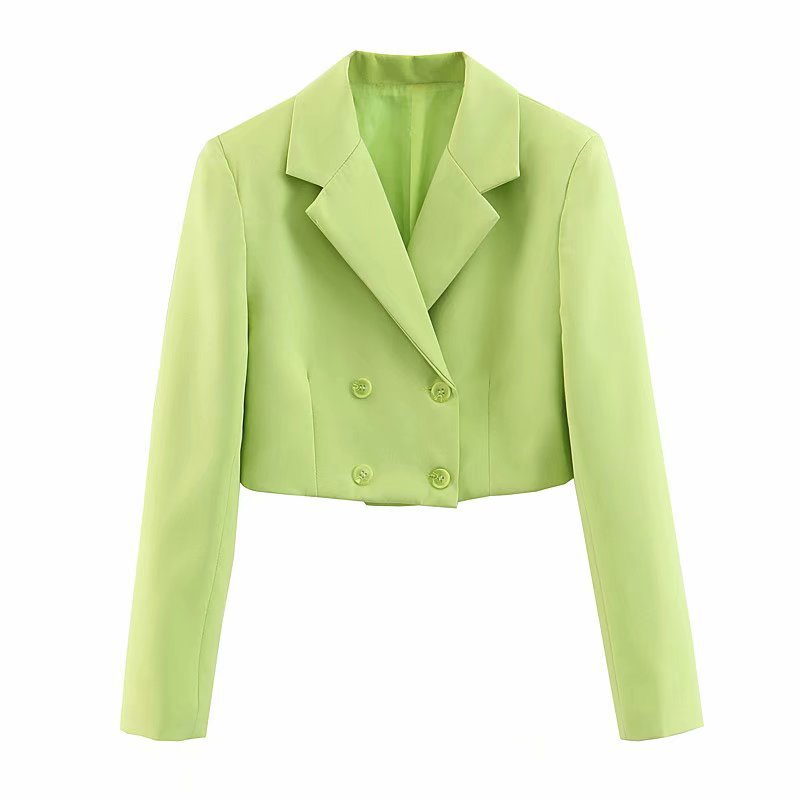 Фабрика изготовленный на заказ 100% полиэстер зеленый короткий тонкий двубортный для женщин пиджак