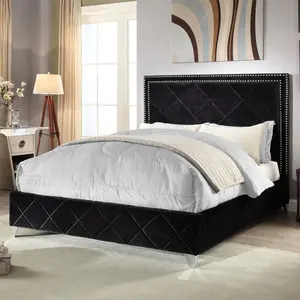 Moderne Fluwelen Bed Met Houten Bed Frame Benen Hoge Hoofdeinde Voor Thuis Slaapkamer Dubbel Bed