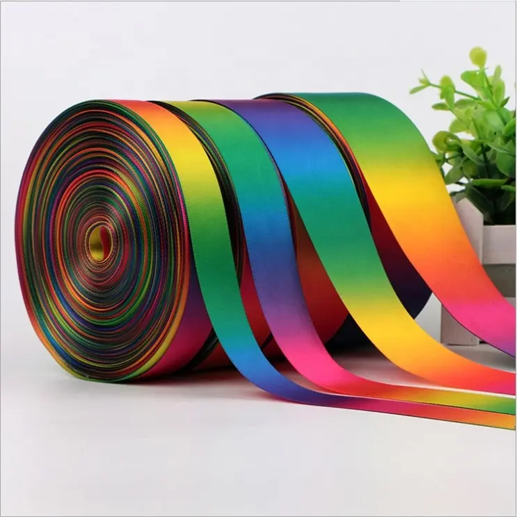 Wholesale Factory Custom Dark Colorful Satin Grosgrain Gradient Rainbow Ribbon