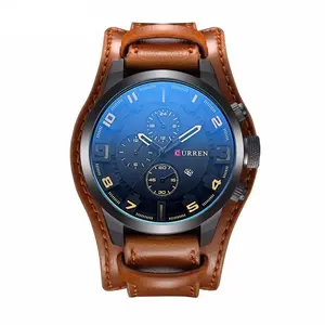 Curren relógio de pulso de couro masculino, relógio analógico quartz esportivo marca de luxo na cor preta 8225