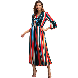 YILEYA <span class=keywords><strong>de</strong></span> rayas arco iris <span class=keywords><strong>de</strong></span> las mujeres Vestido largo <span class=keywords><strong>de</strong></span> nuevo estilo chifón vestido midi con cuello fajas - Product Image 4