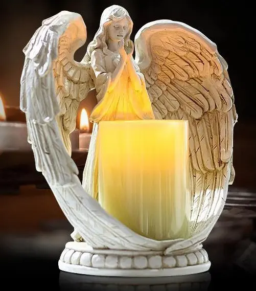 Resina de COLOR blanco envejecido pie rezando Ángel ala grande luz LED estatua titular de la vela de vacaciones de regalo presente