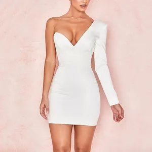 Moda sexy cuello pico manga larga un hombro mini bodycon mujeres vestidos elegante vendaje fiesta cóctel vestido