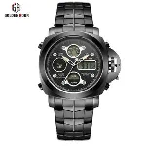 GOLDENHOUR GH101 New Style LED Watch Sport retro in acciaio inossidabile Luxury Man sveglia da polso data analogico digitale doppio Display orologio