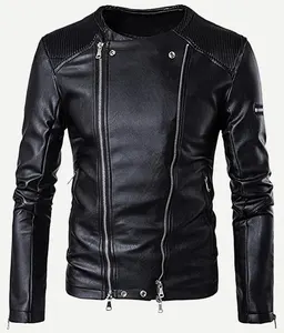 Custom Hot Sell Black Leather Windproof Jacket Coat Zipper and Ruched Men Motorcycle Jackets