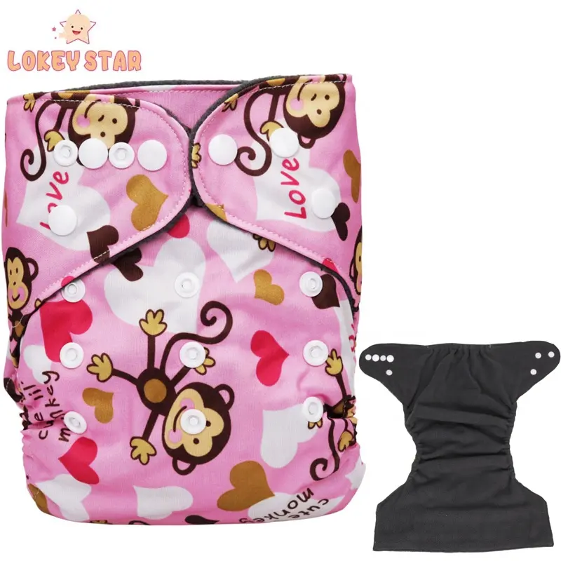 Lokeystar กางเกงผ้าอ้อมเด็กแบบพกพา,กางเกงถ่านไม้ไผ่ลิงสีชมพูแบบปรับได้กันน้ำผ้าอ้อมเด็กผ้า