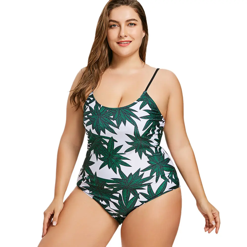 Fashion Leaf Print Bathing Suit Plus Size One Piece Swimsuit
