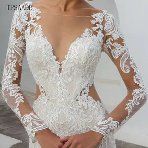 Sexy Appliques Illusion Long Sleeve Lace Decorate Mermaid Wedding Gown Boat Neck Buttons Bridal Dress WF448