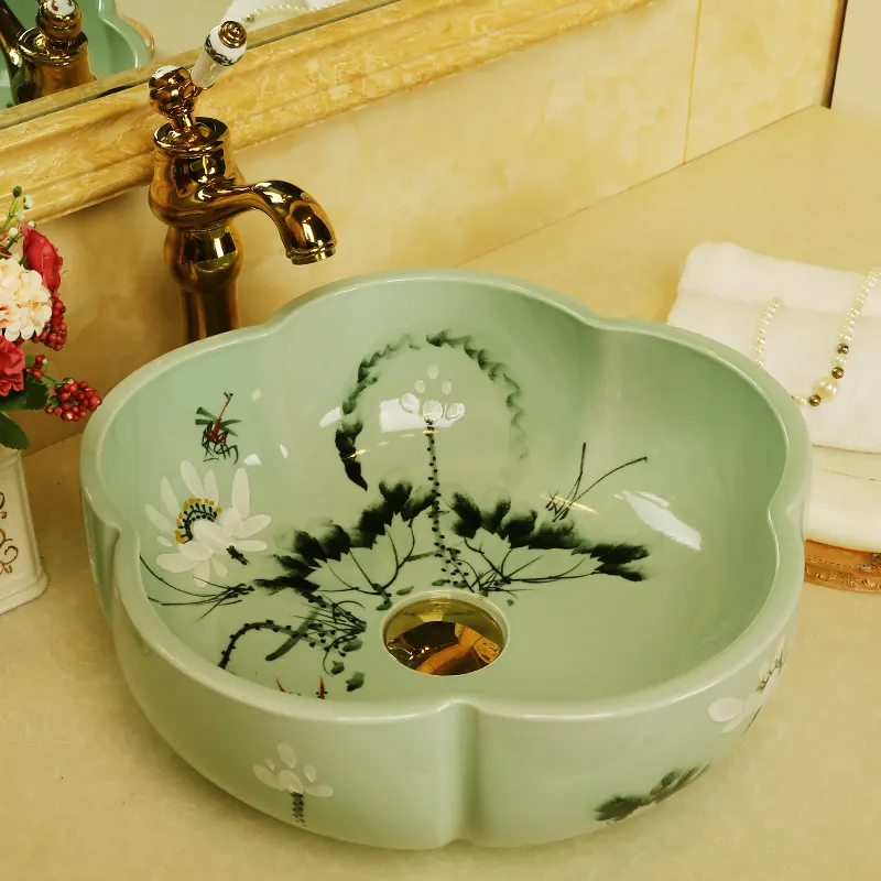 Europa stile cinese Golden lavabo lavello Jingdezhen Arte Contatore Top in ceramica lavaggio a mano bacino verde a forma di fiore lavandino del bagno