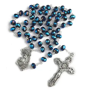 6*8mm Dark Blue Crystal Beads Rosary Chain Necklace with Virgin Mary Madonna Hold Jesus Child Medal and Antique Silver Cross