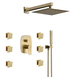 Brushed Gold Lượng Mưa Shower Head Giấu Van Cầm Tay Phun Mixer Shower Set Với Body Máy Bay Phản Lực