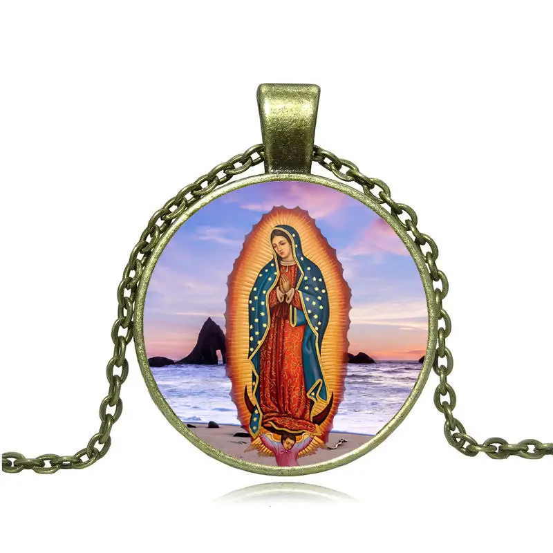 Colgante con forma de Virgen María, joyería de Color latón antiguo, collar con abalorio de Nuestra Señora de Guadalupe, para regalos religiosos