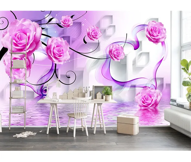 Lukisan Dinding 3D Refleksi Mawar Cantik Dekorasi Bunga Merah Muda Panas Mural Dinding Sofa Kamar Tidur untuk Interior