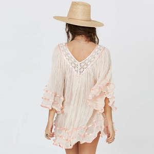 Mini <span class=keywords><strong>Vestido</strong></span> de playa de <span class=keywords><strong>encaje</strong></span> túnica de algodón de manga de campana de lino de ganchillo - Product Image 4