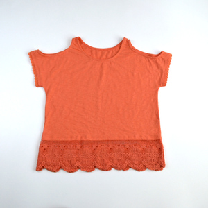 Nuevo diseño de las mujeres de verano-la-de hombro de manga corta de encaje Hem costura T camisas - Product Image 5