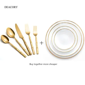 Hot sale stainless steel cutlery sets golden handle fork spoon knife coffee spoon and gold rim ceramic plate for wedding