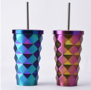 Gobelets à café en acier inoxydable avec tube à glace, bouteille à boisson chaude/froide avec paille, gobelets irréguliers en forme de losange, vaisselle à café - Product Image 3