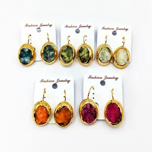 Wholesale price natural Oval Clip on Druzy Earrings colorful agate drusy gold plated jewelry shiny agate charm for women gifts