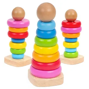 Educativi Colorati Per Bambini Arcobaleno Stacking Anello Giocattolo di Legno Torre Di Hanoi