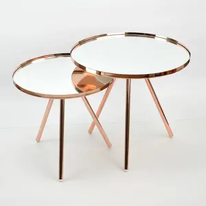 Modern Nordic set of 2 metal frame 3 lets round shape mirrored coffee table with KD design