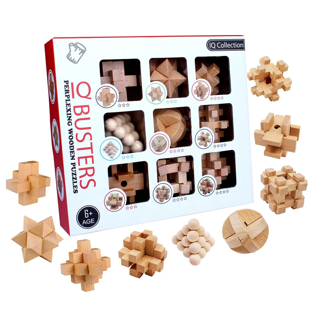 Children brain teaser Educational Toy 9pcs/set Beech handmade vintage China Kongming lock Luban lock wooden puzzle 3D toys