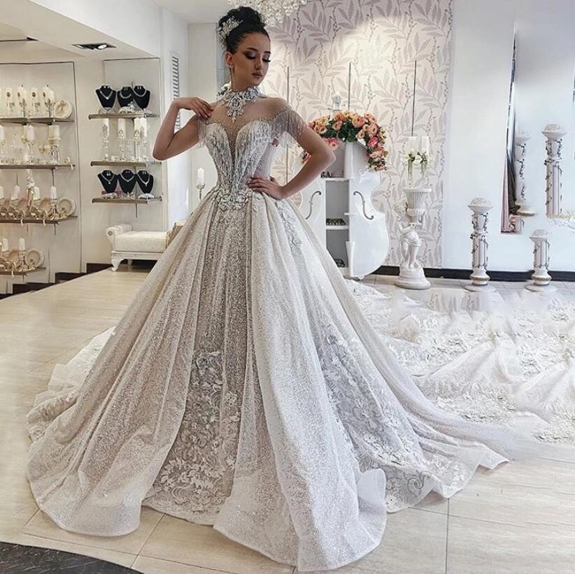 High Collar Expensive Long Trail Beaded Ball Gown Luxury Wedding Dress|  Alibaba.com