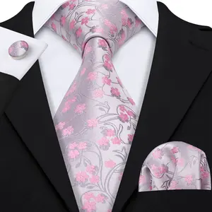 Gravata de pescoço de seda masculina, gravata de seda rosa floral e quadrada de bolso