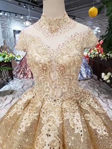 HTL167 de cuello alto mangas vestido de bola de oro aplique plisado vestidos para fiesta de noche - Product Image 3