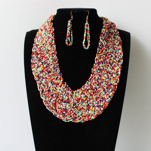 Set kalung Dan anting buatan tangan, Kalung kerah pelangi besar buatan tangan, perhiasan manik-manik biji Afrika gaya Bohemian untuk wanita - Product Image 2